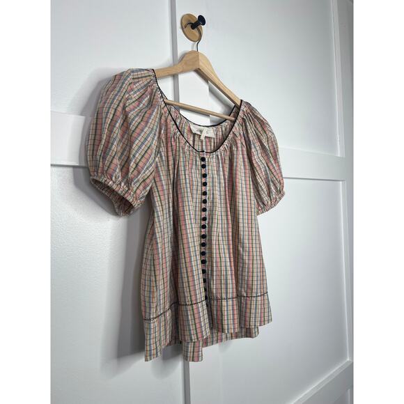 NEW The Great. Puff Sleeves Button Front The Porch Cotton Top Pastel Plaid - Picture 3 of 8
